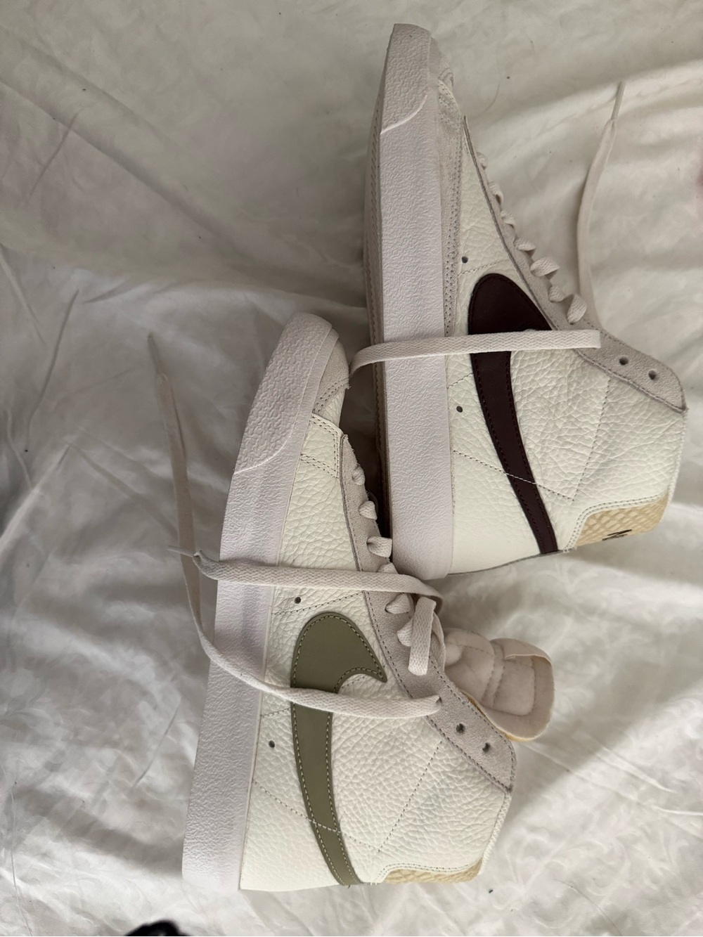 Nike Women’s Mid-Top Sneakers in White with Olive & Burgundy Swooshes
